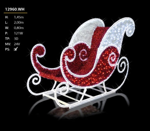 3D Prelit Christmas Sleigh - 2m Length - Single Seat